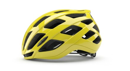Fototapeta premium Bright Yellow Bicycle Helmet with Vents Isolated on White Background.