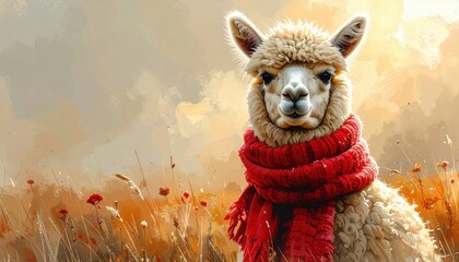 Naklejka premium A fluffy alpaca wearing a red scarf stands in a field of wildflowers under a warm diffused sky watercolor illustration