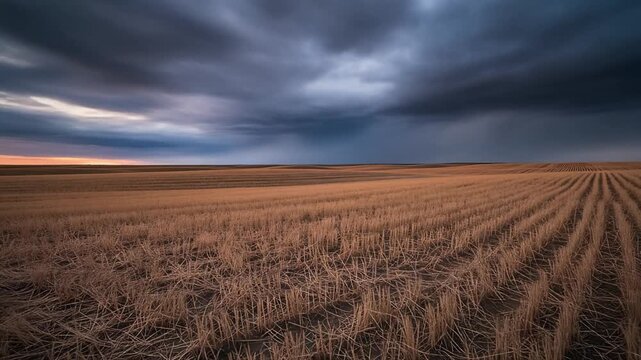 Time-lapse shot of a field of dead, golden grass. The wind creates waves and patterns as it moves through, under a fast-moving, dramatic sky