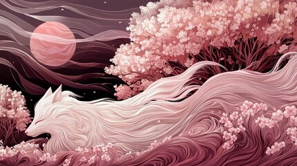 An artistic illustration of a white fox resting peacefully in a landscape filled with cherry blossoms and a large pink moon at night.