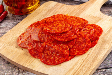 Spicy hot pepperoni sausages slices