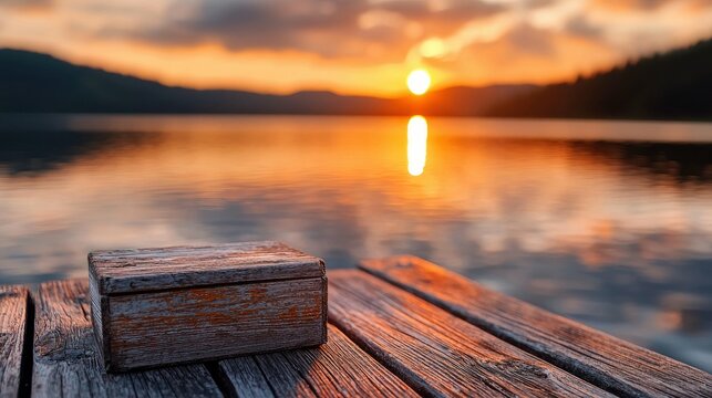 A weathered wooden box sits on a wooden pier, overlooking a calm lake at sunset, with mountains in the background and warm, dramatic lighting.