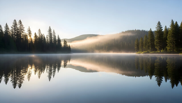 Serene morning mist over a calm lake reflecting pine trees and distant hills under a soft sky.