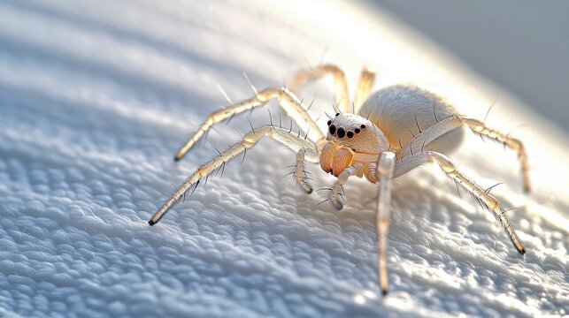 Close-up of a white spider resting on a textured white surface, illuminated by sunlight. - Powered by Adobe