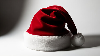 Close-up studio shot of a classic, rich red velvet Santa Claus hat with a white faux fur trim and pom-pom, lit dramatically on a bright white background.
