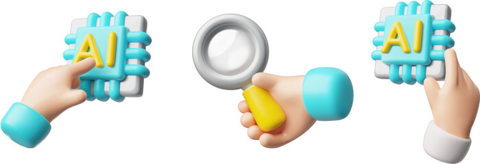 Set of 3D icons of hand holding and pointing at AI chip and magnifying glass.