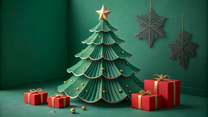 Festive green paper christmas tree surrounded by red gifts and ornaments