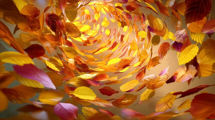 Swirling autumn leaves in hues of orange, yellow, and pink create a mesmerizing spiral effect. Warm, cozy ambiance ideal for seasonal decor, nature appreciation, autumn events