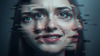 Distorted reality and fragmented identity reflected in a distressed woman's face