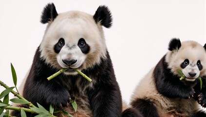 Fototapeta premium Set of pandas eating bamboo on a white background with a little newborn panda also present