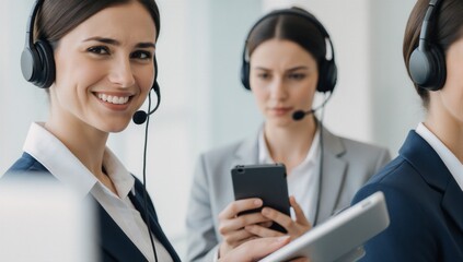 Modern flat illustration featuring a customer service hotline operator wearing headset helping a confused customer holding tablet symbolizing 247 global support amidst digital communication challenges