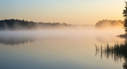 Fototapeta premium Serene body of water covered in low-lying mist during the soft light of sunrise over a distant treeline