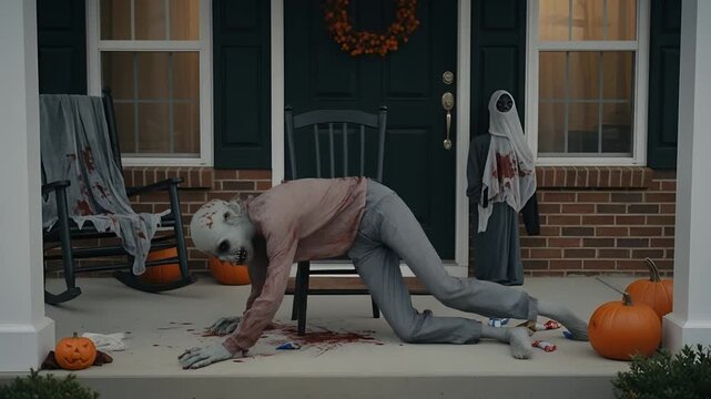 Wide shot of a front porch, where a zombie decoration has fallen from its chair. Its animated head is still slowly turning and its arm is twitching