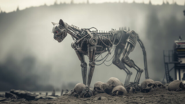 Metal cyborg cat, a war robot, in dystopian post-nuclear war scenery - Powered by Adobe