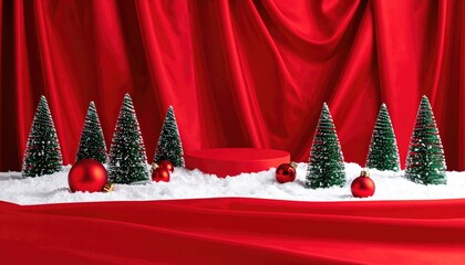 Festive Christmas scene with frosted trees ornaments and snow on red draped background.