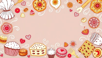 Whimsical, hand-drawn vector background featuring various baked goods, flourishes, and bakery tools,  croissant,  cookies