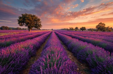 Rows of purple lavender field under a dramatic sunset sky.