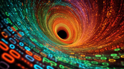 Vortex of luminous binary code spirals into black hole. Dazzling colors create dynamic motion and energy. Concept of technology, data analysis, digital art