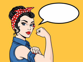 Empowered woman illustration in retro pop art style, flexing bicep with an empty speech bubble for your custom message, symbolizing strength and determination