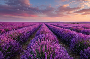 Vast rows of purple lavender flowers under a colorful sunset sky.