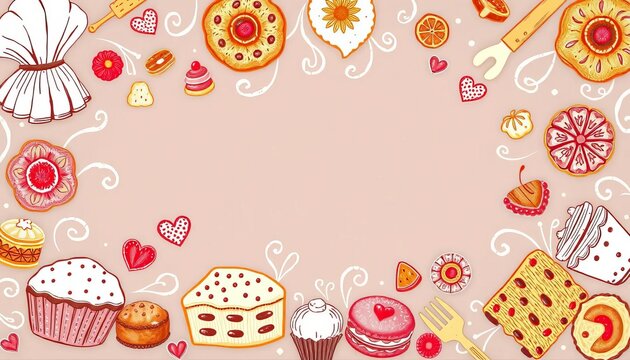 Whimsical, hand-drawn vector background featuring various baked goods, flourishes, and bakery tools,  croissant,  cookies - Powered by Adobe