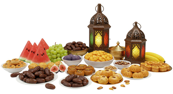 Ramadan iftar food and lanterns isolated on transparent background