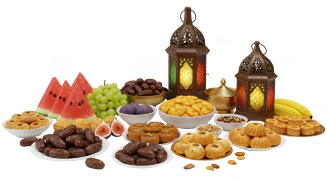 Ramadan iftar food and lanterns isolated on transparent background