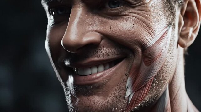 Cinematic Orbital Shot of a Man's Smiling Face with Risorius Muscle Detail
