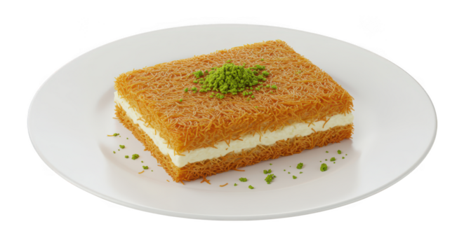 Delicious square dessert with cream and pistachios isolated on transparent background