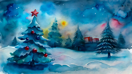 Whimsical watercolor christmas tree in snowy forest with glowing lights and presents