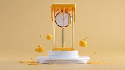 A conceptual image featuring a clock encased in a golden frame, with a yellow substance dripping over it, and floating spheres against a yellow backdrop.