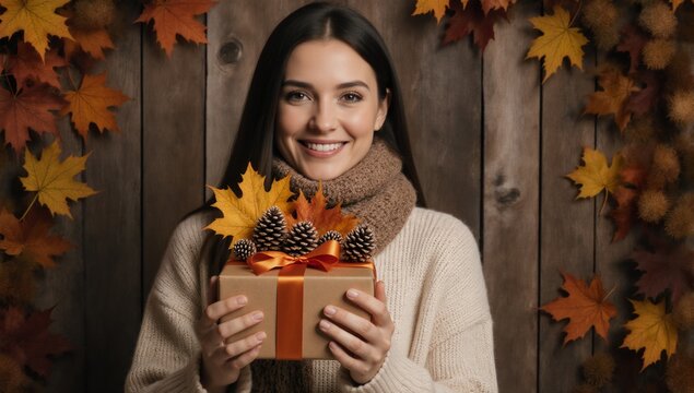 Autumn-winter themed Thanksgiving day winter holiday present concept featuring a woman holding a handcrafted gift box against fall backdrop