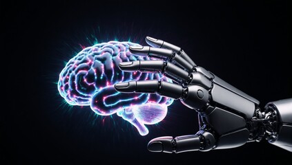 A neon brain with digital connections is grasped by a futuristic robotic hand