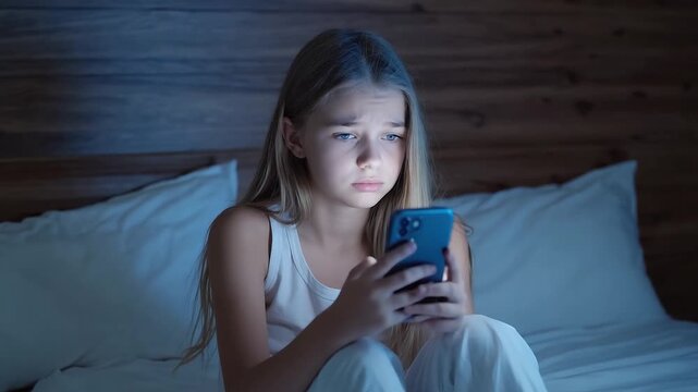 Girl on bed, absorbed in phone light, showing concern and focus, with soft bedding textures, emphasizing emotional connection, camera zooms in for detail