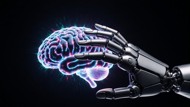 A neon brain with digital connections is grasped by a futuristic robotic hand - Powered by Adobe
