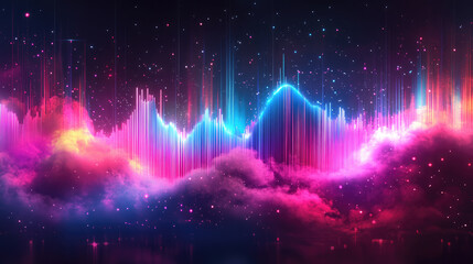 Abstract audio spectrum visualizing sound waves and music frequencies with colorful lines and equalizer bars, creating a dynamic digital background for modern technology concepts