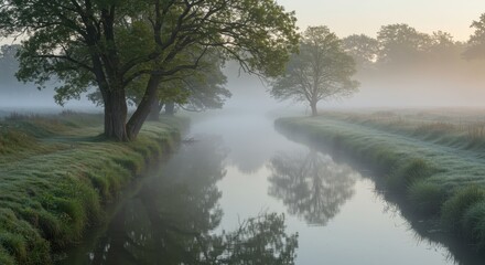 Tranquil waterway winds through a grassy landscape enveloped in early morning mist