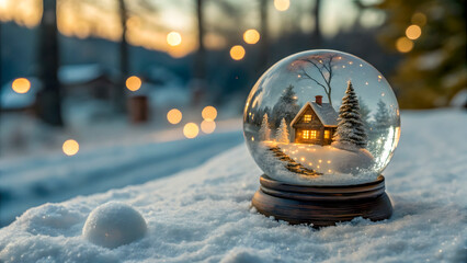 Magical winter snow globe with cozy cabin and twinkling lights in snowy landscape
