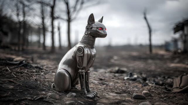 Stray robot cat in abandoned destroyed town. Dystopian future