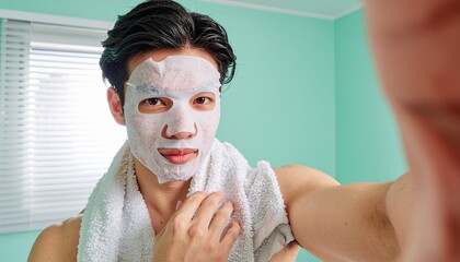 Self-Care Moment: A man in a spa-like bathroom, wearing a rejuvenating facial mask. He is engaging with the viewer by the phone, demonstrating self-care and skincare routine.