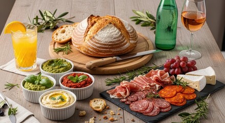Delicious charcuterie board and bread spread with refreshing drinks