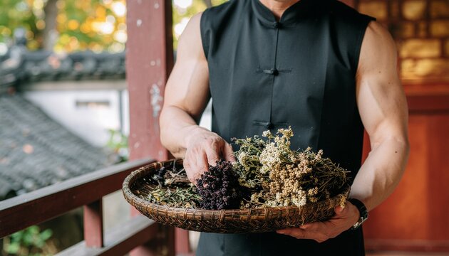 Ancient Herbalist's Basket: An individual, steeped in tradition, meticulously arranges a collection of dried herbs in a woven basket, suggesting ancient herbalism knowledge.