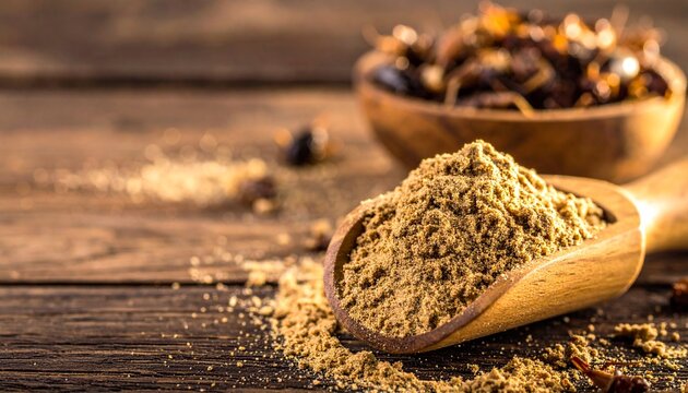 Grounded Spice: A wooden spoon scoops up a vibrant cascade of fresh ground spice. The warmth of the lighting and texture of wood evoke culinary creativity. - Powered by Adobe