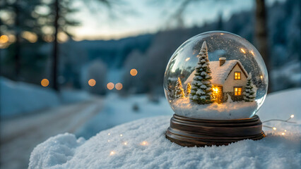 Cozy winter scene inside a snow globe with a small house and pine trees in a snowy forest