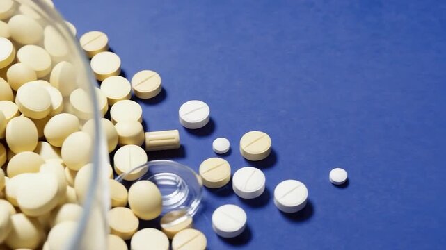 Assorted pills and capsules spill from a glass container onto a blue surface, highlighting their shapes and colors, creating a dynamic visual experience, camera zooms in for detail