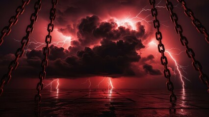 Ominous Red Lightning Illuminates Stormy Sea Chains
