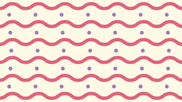 Pattern with wavy coral lines and violet dots on vanilla background