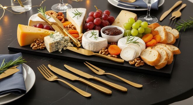 Elegant cheese board with assorted cheeses fruits and nuts