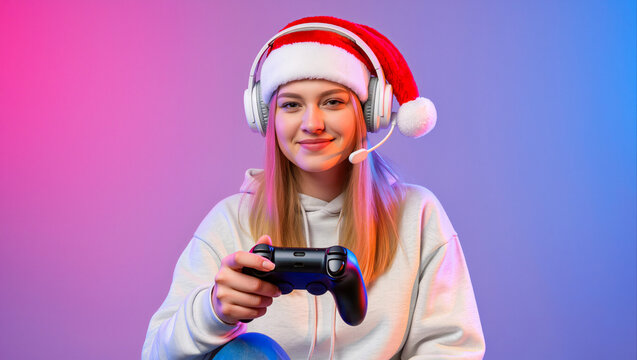 Gen Z teenage gamer girl wearing Santa hat and headset playing video games with controller on colorful neon gradient background for holiday digital content