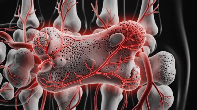 Medical animation of the human lunate bone with vascularization and internal structure.